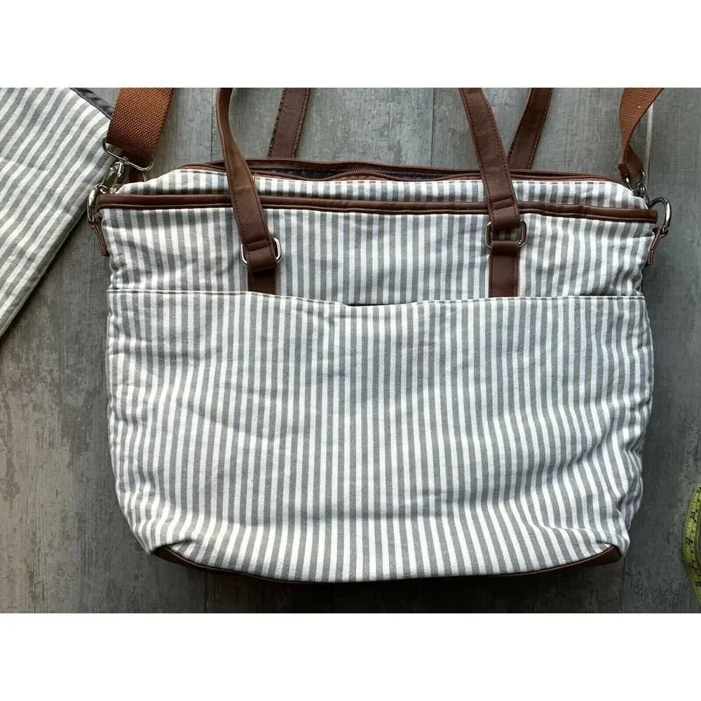 HIP CUB Gray & White Striped Messenger Style Diaper Bag + Matching Changing Pad
